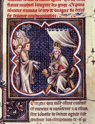 Karl den Store og biskopene. Miniatyr i "" Grandes Chronicles de France. Grandes Chronicles de France av Charles V” (folio 102), rundt 1375-1380. BN, Paris