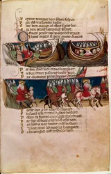 Charlemagne seiler opp på et skip og under veileder armeene under hans erobringer (miniatyr