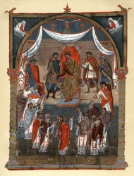 Charles II the Bald (823 - 877), King of France receiving a delegation of monks from Tours. Facsimile in chromolithography of the 19th century after a miniature of the Xth century preserved at the B.N. de Paris.