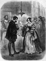 Charles V eller V (1500-1558) med Anne de Pisseleu (1508/1580) hertuginne av Etampes, elskerinne til Francois I med kallenavnet La Belle Feronniere. Gravering fra 1800-tallet.