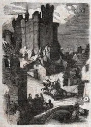 Chateau de Marganor - gravering av 1851 fra "" Roland furieux"" (Orlando furioso) (1500-tallet) av Ludovico Ariosto, kjent som Ariosta - utgave oversatt fra italiensk av greven av Tressan og utgitt av Gustave Harvard 1851