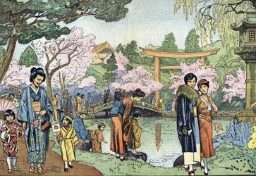 Kirsebærblomster om våren, Japan (Japanske kirsebærblomster i Japan om våren, april 1933) Illustrasjon fra «Le pelerin» 1933 Privat samling