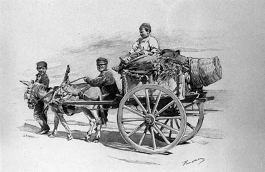 Barn av folket på en vogn trukket av et esel. Sicilia-gravering fra 1800-tallet