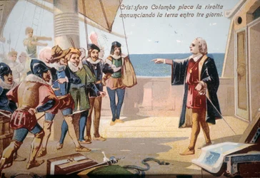 Christopher Columbus stoppet mannskapets opprør ved å kunngjøre landet om tre dager. kromolitografi fra 1800-tallet.