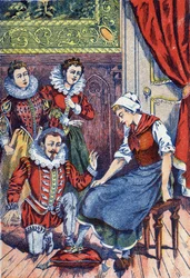 Askepott prøver tøffelen. Anonym illustrasjon for "" Askepott", fortelling av Charles Perrault (1628-1703), fransk forfatter. Bilder Marcel Vagne, Jarville Nancy, udatert (slutten av 1800-tallet).