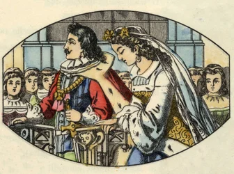 Askepotts bryllup med prinsen. Illustrasjon av Charles Perraults fortelling "Askepott eller La petite slipper de verre"