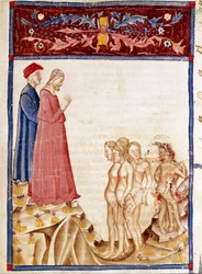Circle of Traitors: Dante og Virgil møter sjelene til velgjørernes forrædere. Opplyst side som illustrerer den 34. helvetesangen er hentet fra "Divina Commedia" av Dante Alighieri (1265-1321). 1300-tallet, Venezia, Biblioteca Marciana