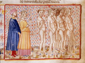Sirkel av vold mot Gud, natur og kunst: Dante og Virgil møter blasfemmere. Opplyst side som illustrerer en helvetesang henter fra "Divina Commedia" av Dante Alighieri (1265-1321). 1300-tallet, Venezia, Biblioteca Marciana