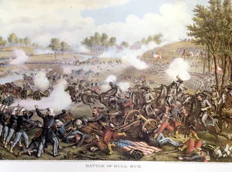 Borgerkrig (1861 - 1865), amerikansk borgerkrig 21/7/1861: Første slaget ved Bull Run eller første slaget ved Manassas: Virginia, konføderasjonene kommandert av general Beauregard beseiret de nordiske troppene til general Mac Dowell. Gravering.