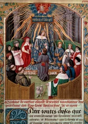 Claude de Seyssel (død 1520) tilbyr sin bok til kong Louis XII (1462-1515) Miniatyr fra Claude de Seyssels "La Grande Monarchy de France"