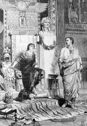 Cleopatra (69 f.Kr. - 30 f.Kr.), dronning av Egypt og Octave, kom for å snakke med henne etter nederlaget til Actium og døden til Marc Antony. Gravering fra 1800-tallet. Storia d