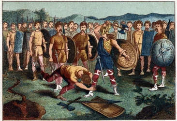 Clovis (465-511) og den frankiske krigeren som knuste vasen fra Soissons i 486 - Clovis I slår ned soldaten som hadde knust vasen fra Soissons i 486. Kromolitografi fra 1800-tallet.