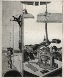 Mynt: London Mints dampbalanse. Gravering fra 1885 i "" Les arts et metiers illustres"" av Adolphe BITARD.