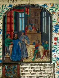 Myntpreging i middelalderen. Miniatyr fra et utkast av Nicolas Oresme (1320-1382). 1400-tallet f.Kr. Paris