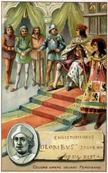 Columbus (hans hender bundet) brakt før Ferdinand - Chromolithography of the 19th century