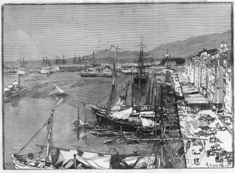 Kommersielt skip og arsenal i havnen i Toulon (Var), Frankrike. Gravering i "" Le Monde Illustré""