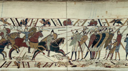 Erobre England av Vilhelm Erobreren (1027-1087) i 1066, kampscene mellom det normanniske kavaleriet som lastet det saksiske infanteriet til kong Harold II av England Detalj av Bayeux-teppet eller broderi av dronning Mathilde