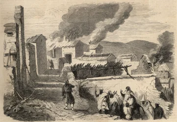 Erobringen av Algerie: ekspedisjonen til Store Kabylia i 1857. Beni Yennis underkastelse etter en tegning av herr Ameller, bataljonssjef ved 1. zouavregiment. Stikk i «Le Monde illustré» fra 1857. Privatsamling.