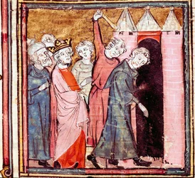 Konspirasjon mot Ludvig den fromme (778-840) keiser av Vesten, hans sønn Lothaire påla ham en offentlig bot på klosteret Saint Medard de Soissons i 833 Miniatyr hentet fra "" Grandes Chronicles de France"" 1375-1379 kommunale bibliotek , Cas