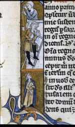 Bygging av et kloster: arbeidere og tilsynskonge. Belysning av et manuskript fra midten av 1200-tallet. Bilioteca Trivulziana.