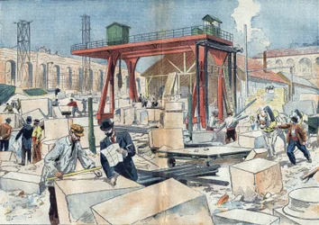 Bygging av Grand Palais, i Paris i 1898, i anledning verdensutstillingen i 1900. I midten, diamanthjulet for å kutte kutte kutte steiner. Illustrasjon i "" Le Pelerin"" av 3. juli