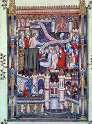 Konvertering av parisere: på en bro i Paris, hvor gullsmedbutikker ligger, bryter parisere idoler til gull. Miniatyr fra manuskriptet "" Life of Saint Denis"" av Yves, munk av Saint-Denis