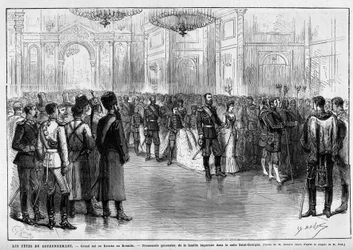 Kroningsfeiring: stort ball eller kourka i Kreml. Polsk marsj ved keiser Aleksander III av Russland (1845-1894) og keiserinne Dagmar av Danmark (1847-1928) i Sankt Georg-salen, 27. mai