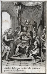 Kroningen av Mikael II fra Amorion (den stammende) (770-829) som bysantinsk keiser etter løslatelsen fra fengselet i 820. Han er grunnleggeren av det amoriske dynastiet. I «Skjønnheter fra det sene keiserrikets historie», redigert ved P. J. B. N. 1814.