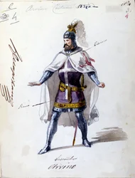 Kostyme for opera "" I Lombardi"" eller "" Les Lombards à la première Crusade"" komponert av Giuseppe Verdi (1813 - 1901) i 1843. Anonym akvarelltegning. Alvino-karakter for forestillingen på Scala i Milano.