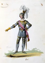 Kostyme for karakteren til Tancrede tegner av Gironi for operaen "Tancredi" "(Tancrede) av Gioacchino Rossini. 1813