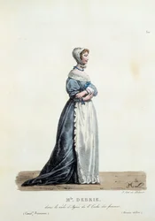 Kostyme til frøken Debrie i rollen som Agnes av Molieres "School of Women" i 1680. Kostyme av fransk komedie av Hippolyte Lecomte (1781-1857). Gravering av 1800-tallet. Coll. La oss gå.