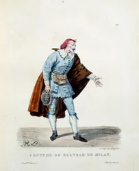Kostyme til Niccolo Barbieri, kjent som Beltrame av Milano (død 1641) i 1600. Kostyme til den italienske komedien (commedia dell