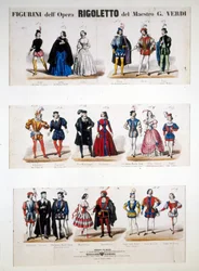 Kostymer "" Rigoletto"" av Giuseppe Verdi, basert på romanen "Kongen har det gøy" av Victor Hugo