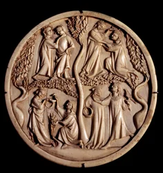 Høflige kjærlighetsscener. Elfenbens speilboksventiler. Begynnelsen av 1300-tallet. Dim. 11 cm. Paris, Louvre-museet