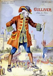 Cover av "Gulliver i dvergene (Lilliputiens)". 1800-talls illustrasjon.
