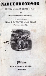 Omslag til den første librettoen til Nabucco av Giuseppe Verdi (1813 - 1901), som først ble kalt Nabucodonosor