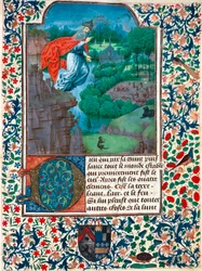 Skapelsen, den syvende dag: Skaperen flyr over sitt verk. Landskap med dyr. Miniatyr fra Timeboken til grevinnen av Bretiandos