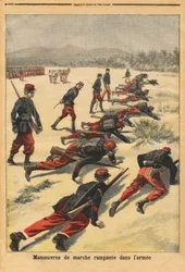 Krypende gåmanøvrer i hæren, eksperimentering med nye tampongerarmbånd, som beskytter håndflaten. Gravering i "" Le petit journal"" 16.08.1896. Selvas samling.