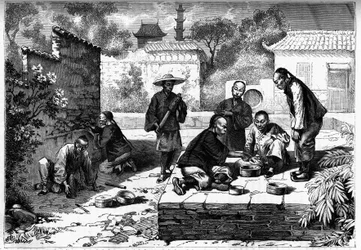 Cricket fight in Pekin, China. Engraving in “The Youth Journal”