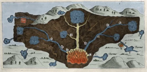 Tverrsnitt av jordskorpen som lar Athanasius Kircher demonstrere opprinnelsen til de termiske kildene - 1600-tallet