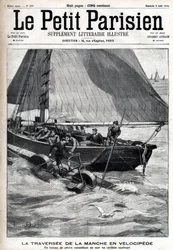 Krysser hylsen i velociped: en fiskebåt samler Georges Pinkert til sjøs som hadde satset på å krysse hylsen med vannvelocipeden han hadde oppfunnet. Gravering i "" Le Parisien""