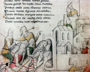 Korsfarere angriper en maurisk festning. Illustrasjon til det toskanske diktet «Febusso e Breusso». Manuskript MS.B.R.45. 1400-tallet. Firenze, Biblioteca Nazionale