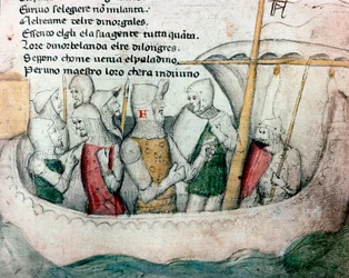 Korsfarere på en båt. Illustrasjon til det toskanske diktet «Febusso e Breusso». Manuskript MS.B.R.45. 1400-tallet. Firenze, Biblioteca Nazionale