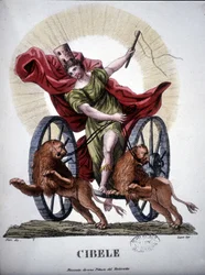 Cybele, guddommelighet som personifiserer naturens reproduktive kraft - i "" Dizionario mitologico"", gravering fra 1800-tallet etter et maleri av Tintoretto, Bibl. di Brera, Milano.