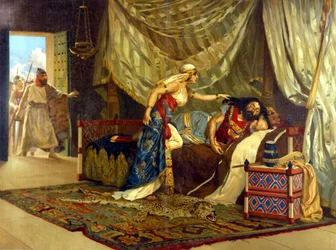 Dalila er i ferd med å klippe håret til Samson for å forbedre styrken hennes. 1800-tallet.