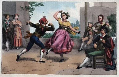 Bolero-dans og drakter fra Granada - stikk fra «Usi e Costumi di Tutti i Popoli dell