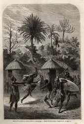 Dance of the Landines eller Zulu caffres i Shoupanga (høyre bredd av Zambeze-elven). Gravering for å illustrere Dr. Livingstones første reiser til Sør-Afrika fra 1840 til 1856, i «Le tour du monde, nouveau journal des voyages»» publisert under den dire