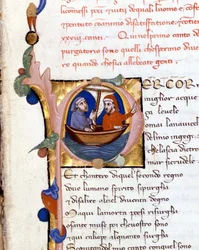 Dante Alighieri: Guddommelig komedie (guddommelig komedie) begynnelse av skjærsilden. Dante og Virgil. manuskript fra 1300-tallet. Milano bibl. Trivulziana