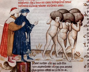 Dante og Virgil ser på greven og Umberto Aldobrandeschi Oderisi da Gubbio (sang 11 fra Purgatory, i den guddommelige komedie) - miniatyr 1400-tallet