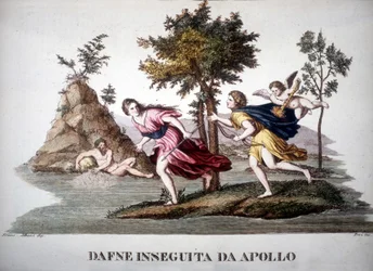 Daphne forfulgt av Apollon - i Mythological Dictionary